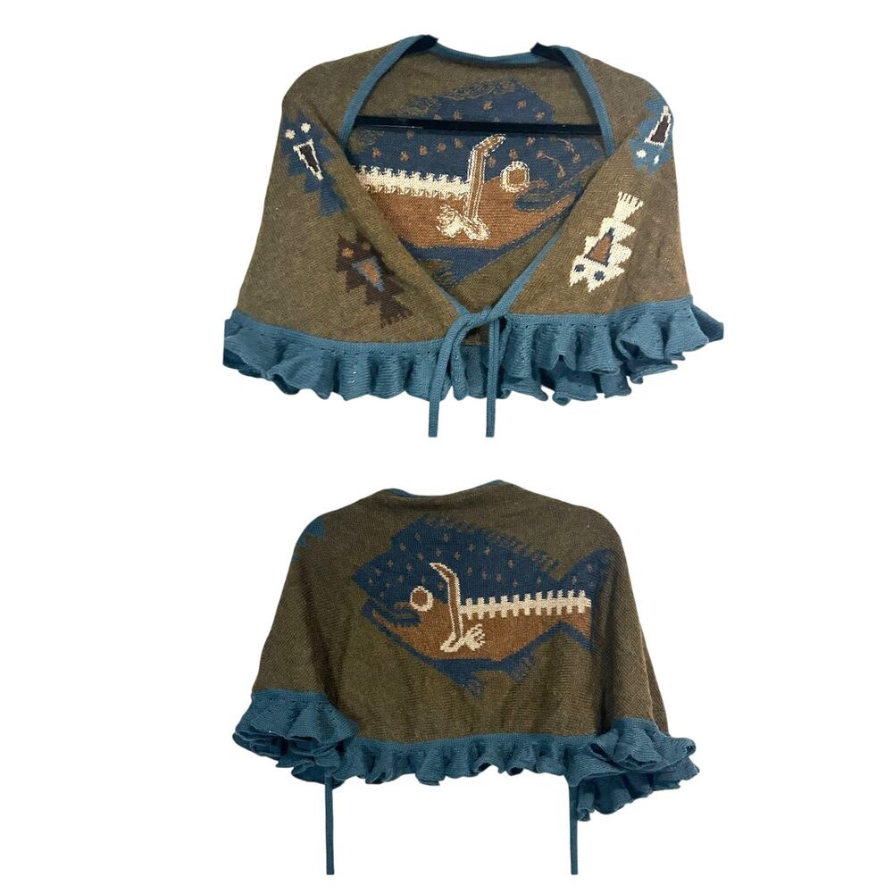Peruvian Connection Rare 100% Alpaca Fish Motif Tie Front Capelet Ruffle Hem M/L